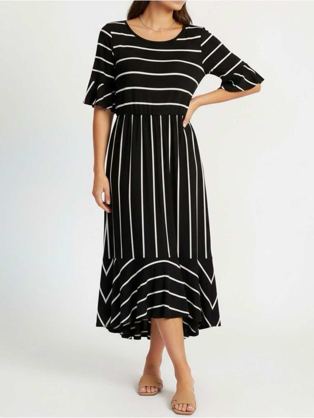Hailey & Co. Black & White Summer Striped Flutter Sleeve Dress